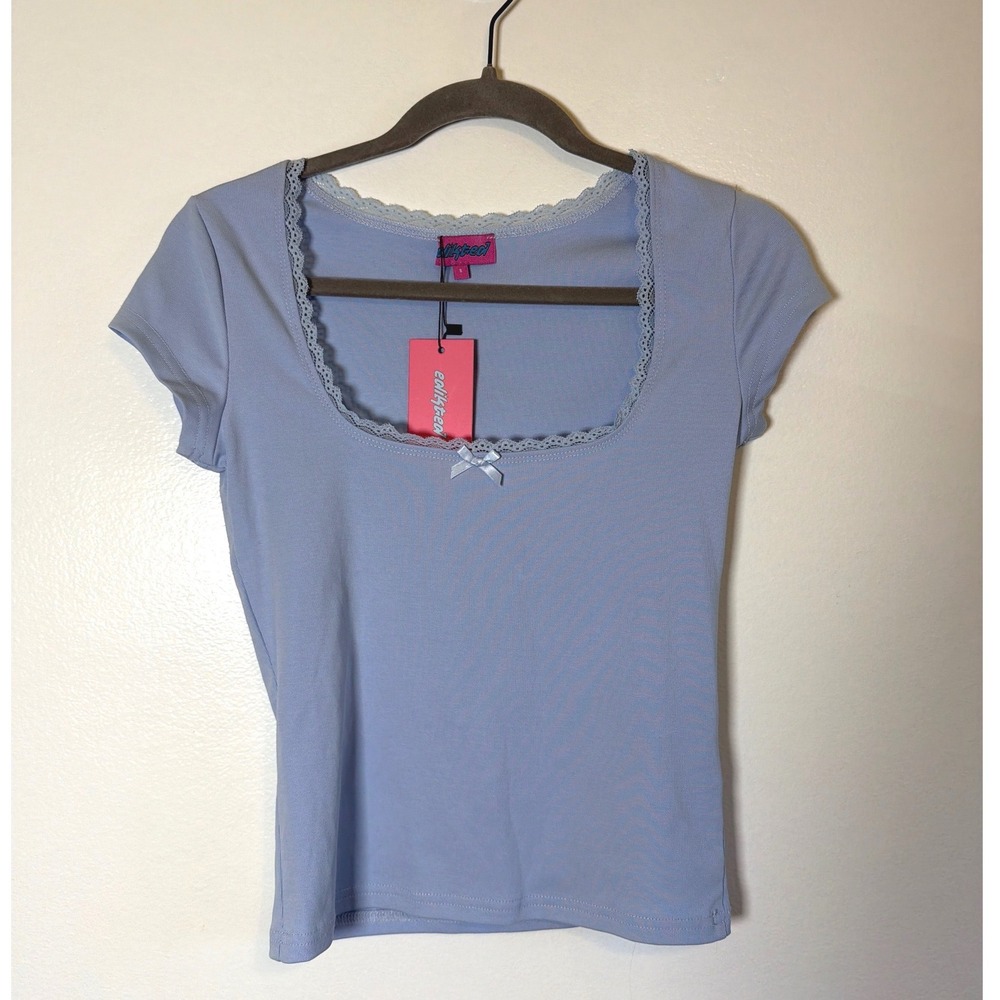 Edikted It-Girl Deadstock Light Blue Lace Trim Bow Square Neck Top S16490 S